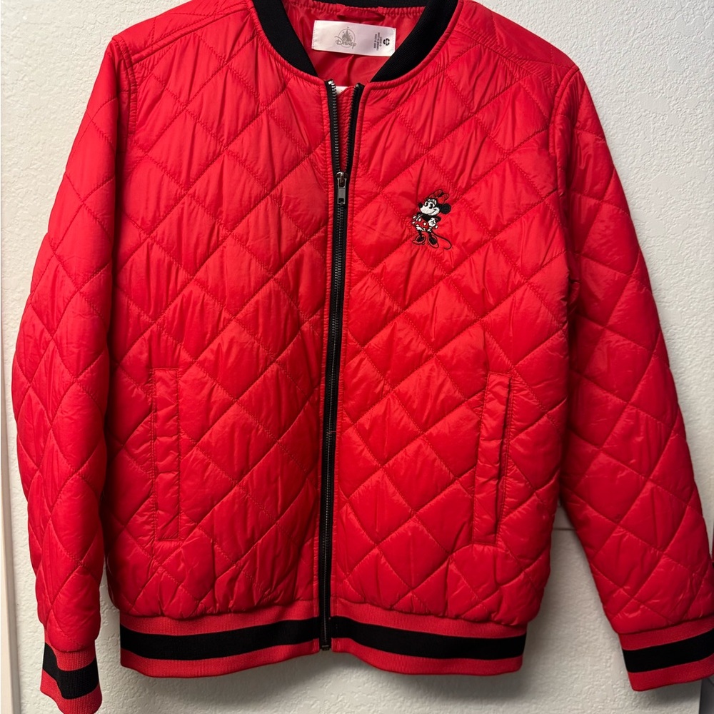 Disney Red Puffer Jacket with Quilted Design and Black Trim